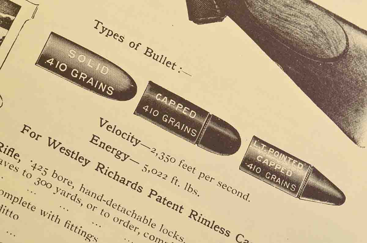 All .425 bullets weighed 410 grains, but Westley Richards offered at least five different designs. These are three of  the originals.